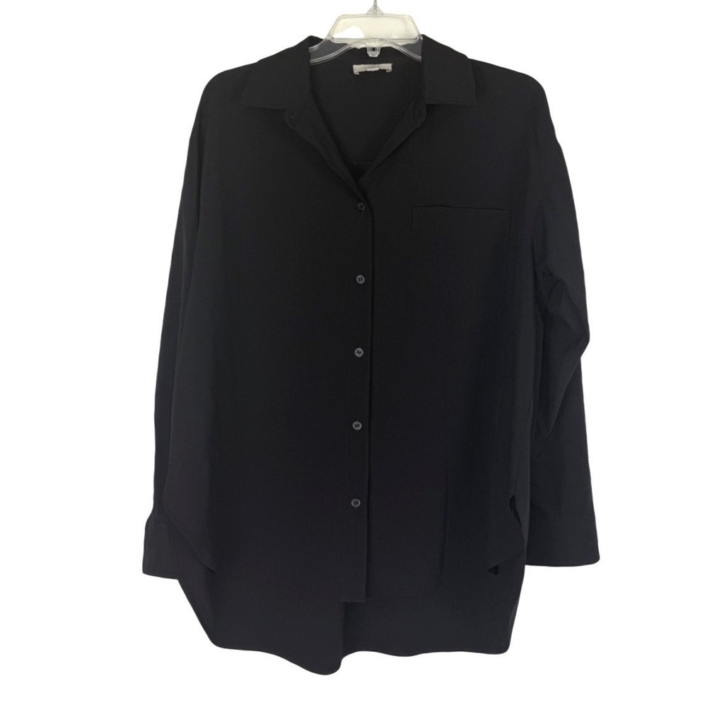 Ann Taylor Womens Blouse Black Collared V-Neck Long Sleeve Size M Business